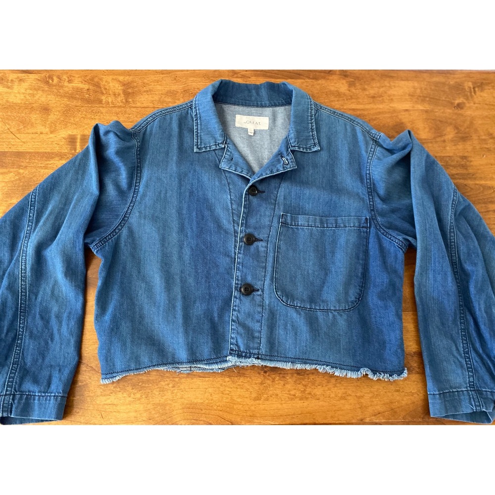 The GREAT Crop Chore Jacket Chambray Denim Raw Hem Boxy Cropped Jacket Size 2 - Picture 3 of 10